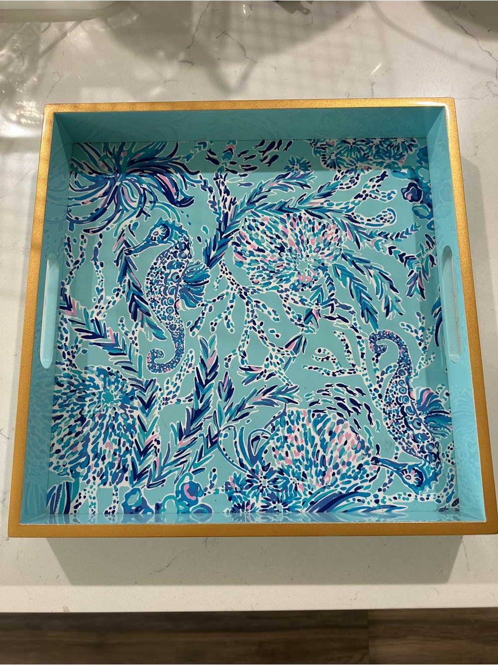 Lilly Pulitzer Blue Oasis Lacquer Serving Tray 14" x 14" X 2”